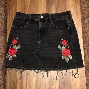 embroiled black denim mini skirt